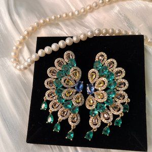 Rhinestone Peacock Feather Dangle Hoops